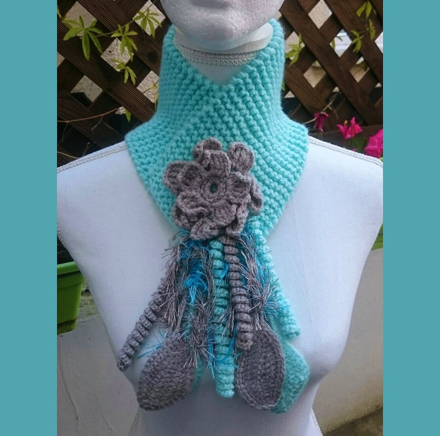 Chunky Crochet Light blue neck wrap with crochet flowers and tassels