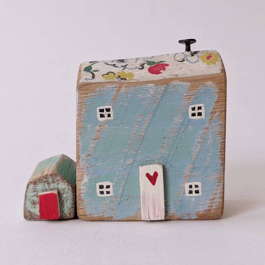 Little Handmade Painted Wooden House with Teeny Side Shed