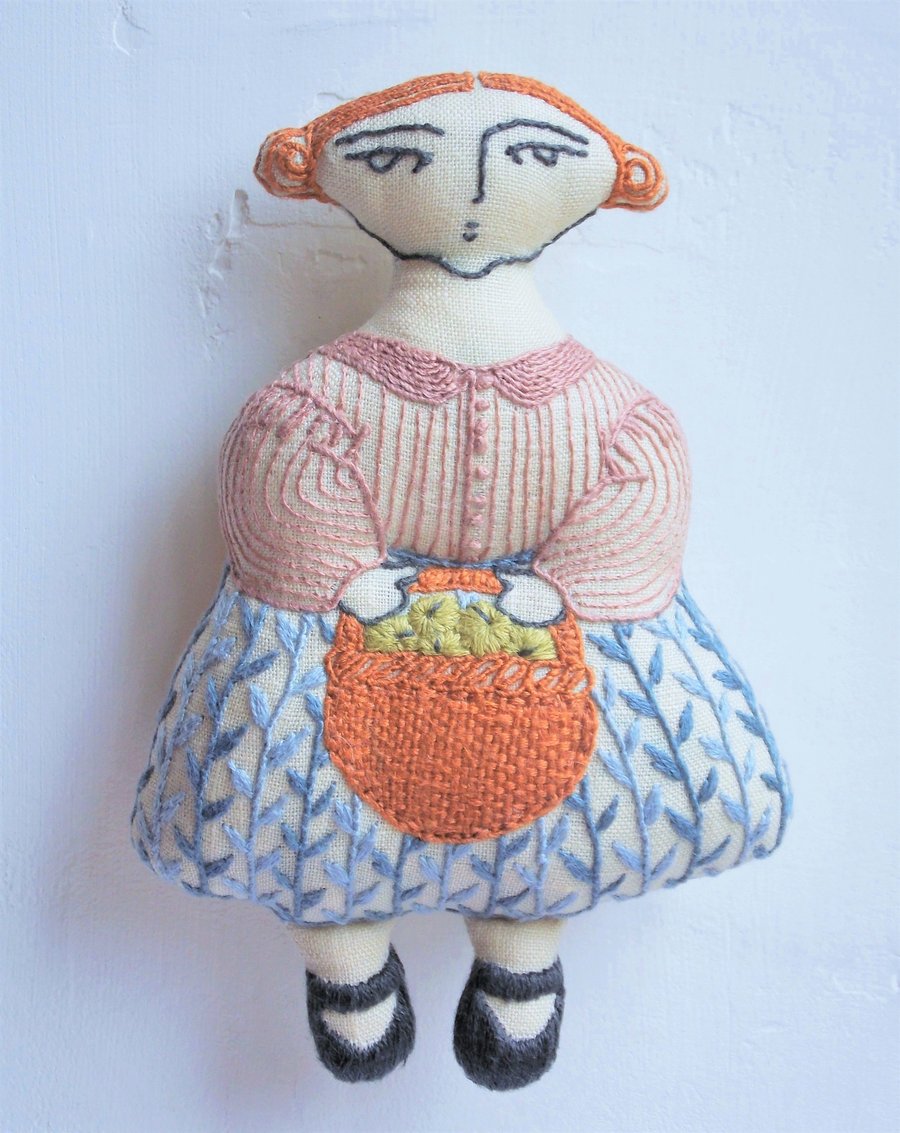 Chloë - A Hand Embroidered Textile Art Doll, Eco-friendly, Handmade - 14cms
