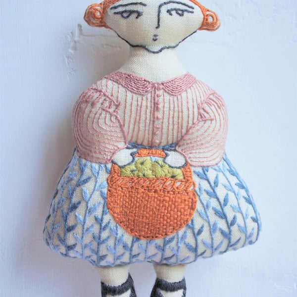Chloë - A Hand Embroidered Textile Art Doll, Eco-friendly, Handmade - 14cms