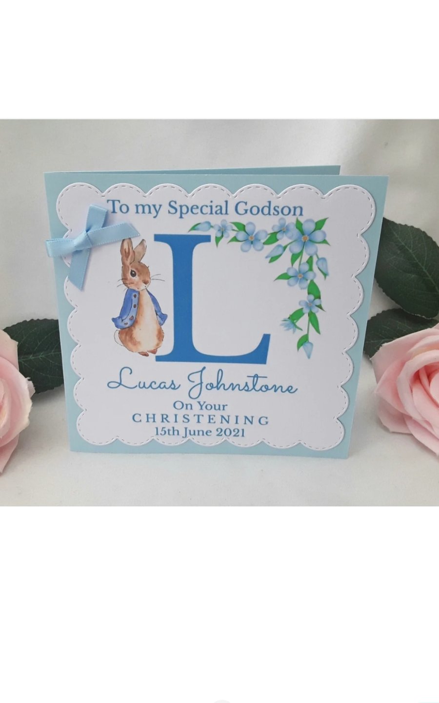 Perrsonalised Flopsy Bunny Christening Card, Peter Rabbit Christening Card