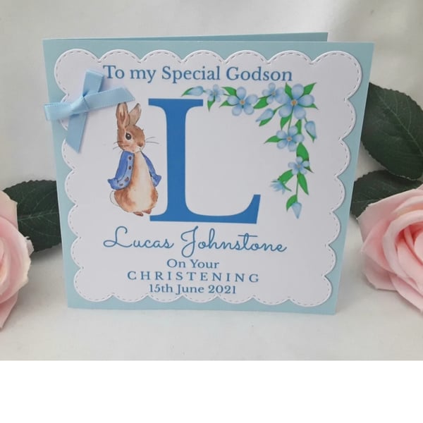 Perrsonalised Flopsy Bunny Christening Card, Peter Rabbit Christening Card