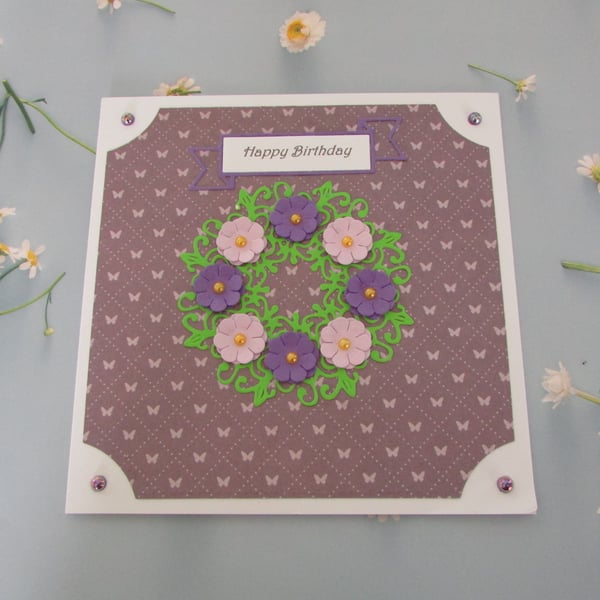Birthday Card Purple Butterfly Back Ground with Purple Flowers & Pearls