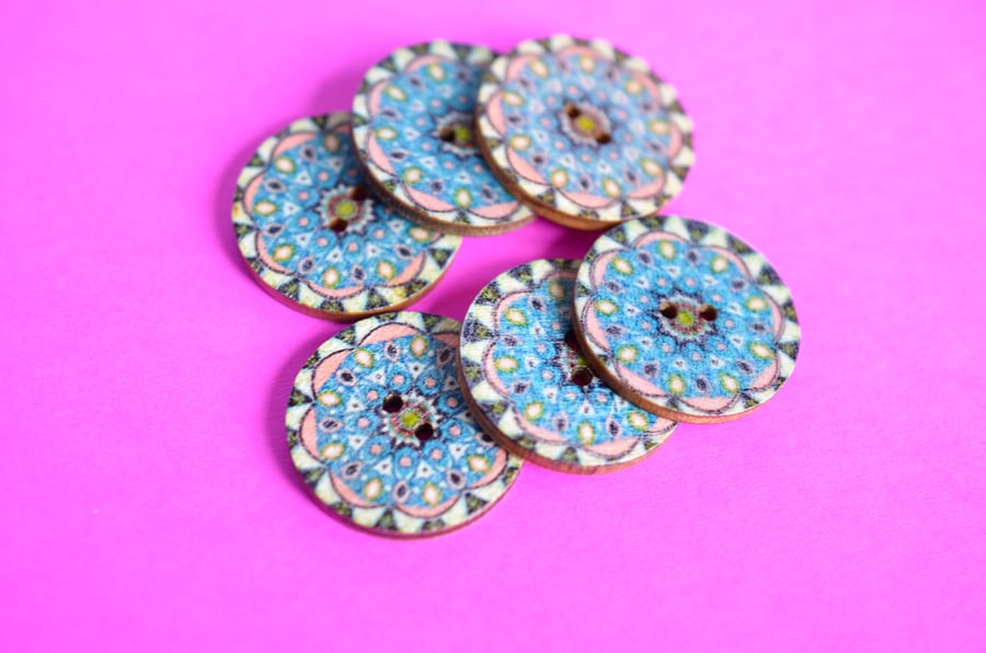 Wooden Mandala Patterned Buttons Blue Pink 6pk 25mm (M10)