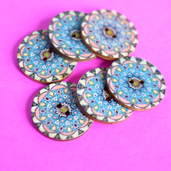 Wooden Mandala Patterned Buttons Blue Pink 6pk 25mm (M10)