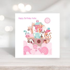 Girls Birthday Animal Greetings Card Personalised  with any text