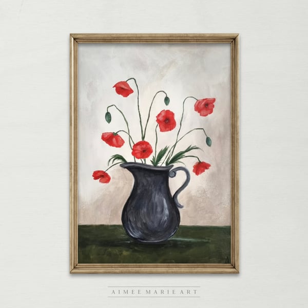 Red Poppy Flowers Original Acrylic Painting - Unframed 