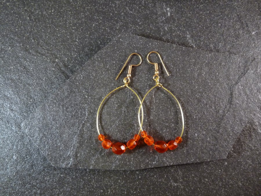 Large Hoop Earrings - Orange Faceted Glass - 40mm - Gold Colour