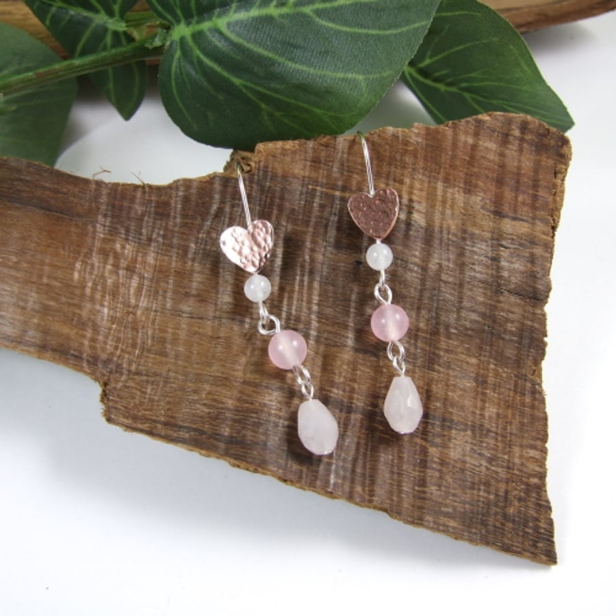 Long Drop Earrings, Sterling Silver, Copper Pink Agate and Rose Quartz