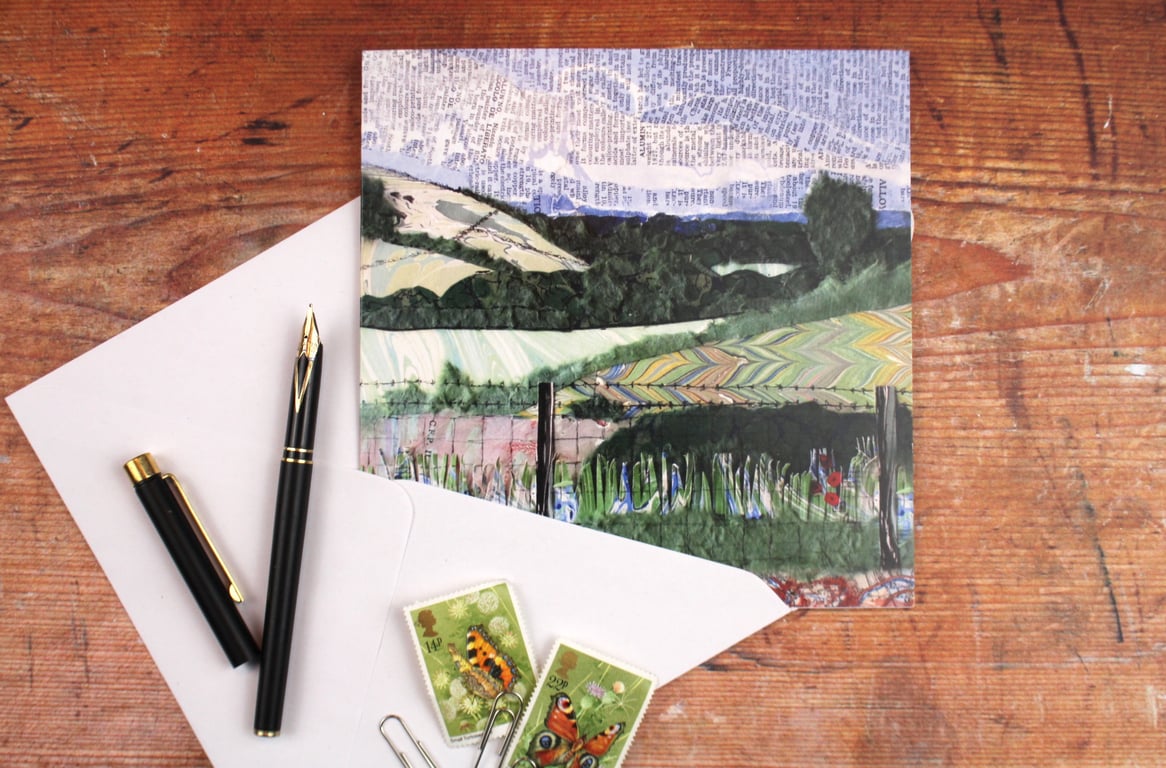 Marbled paper collage card landscape greetings note card blank inside  