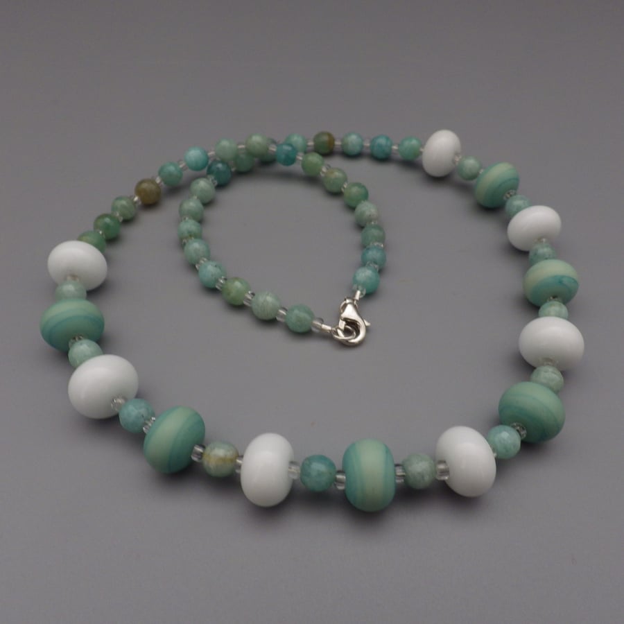 Mint green lampwork glass bead necklace with faceted amazonite