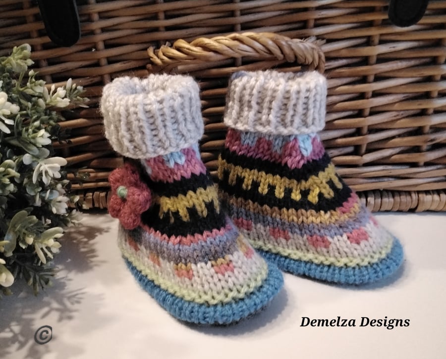 Baby Girl's Fairisle Hand Knitted Sock Booties 0-6 months size 