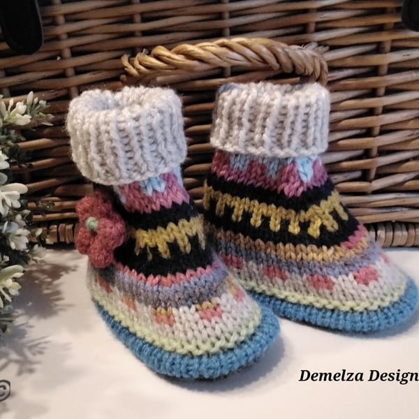 Baby Girl's Fairisle Hand Knitted Sock Booties 0-6 months size 