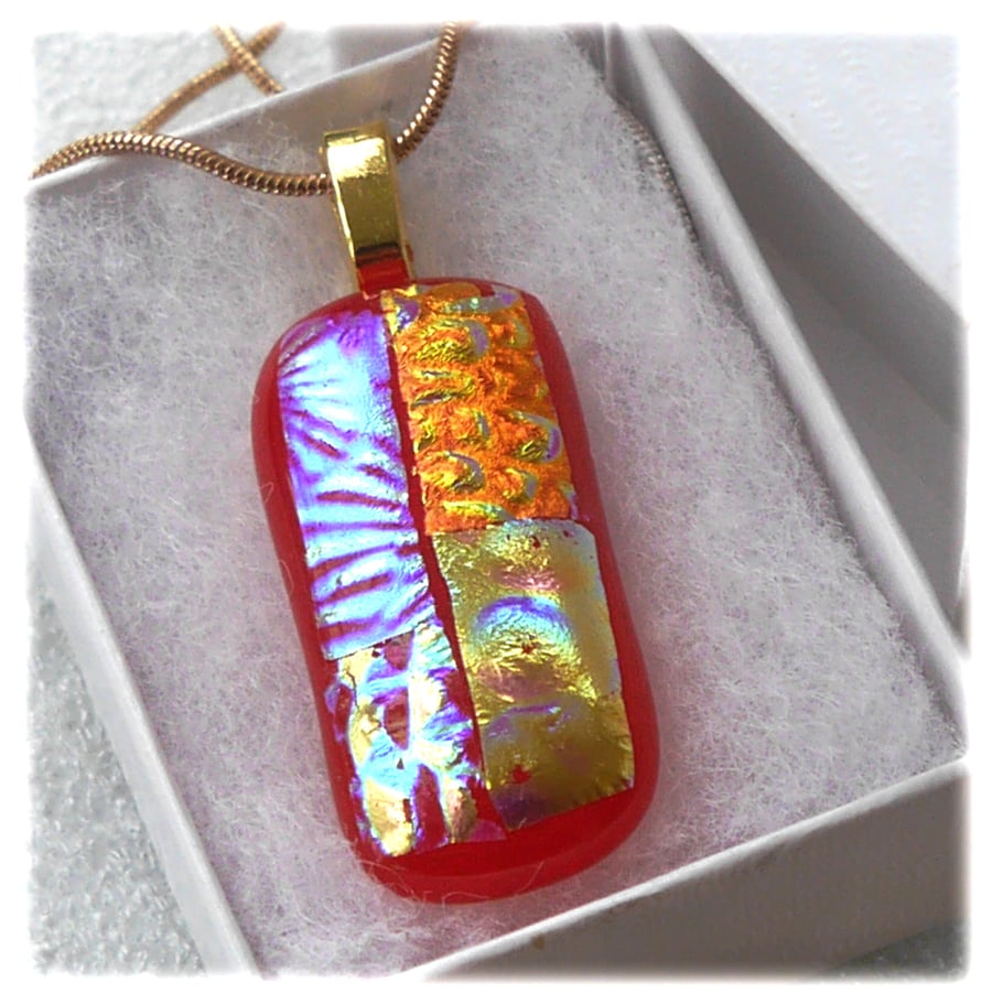 Red Patchwork Dichroic Glass Pendant 208 gold plated chain