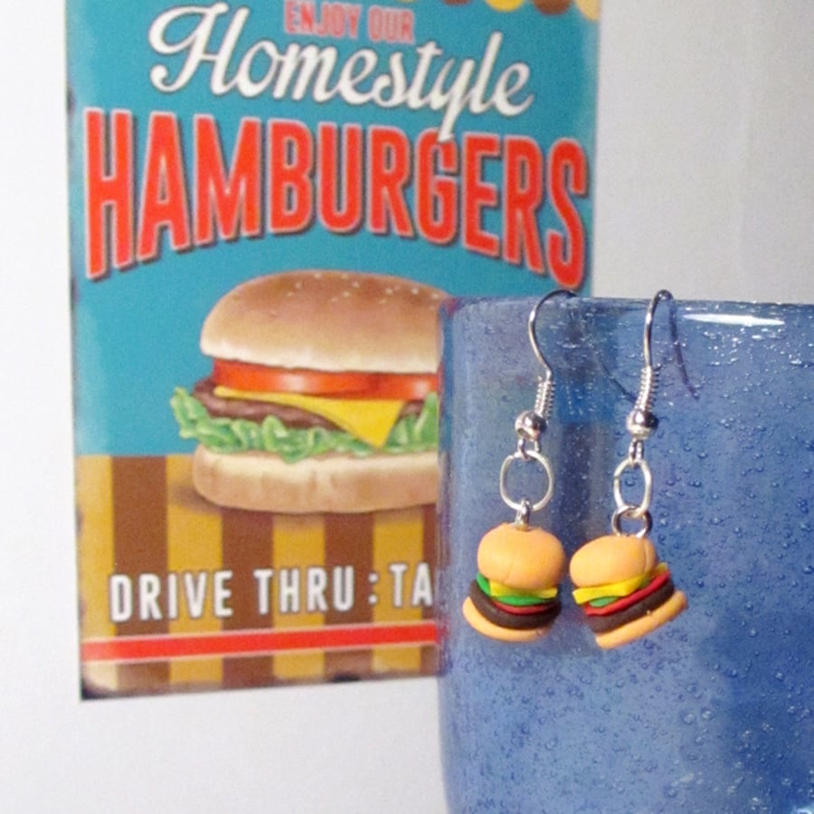 Retro Cheeseburger earrings STUD, DROP or CLIP ON, unique, handmade novel