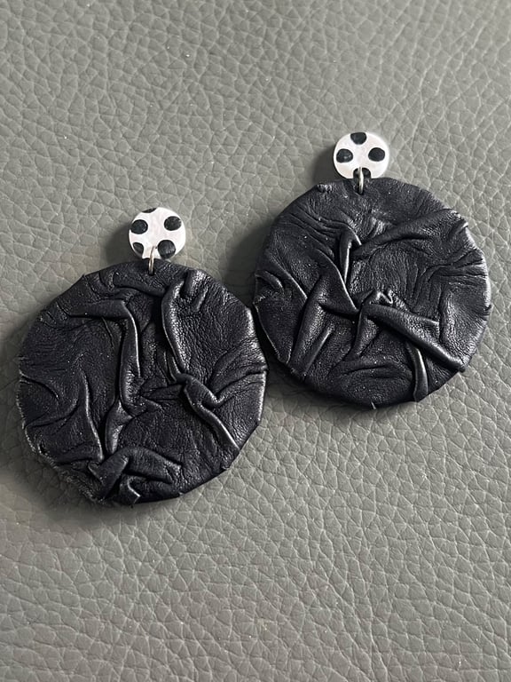 Handcrafted Black Textured Leather Earrings - Artistic Statement Jewellery 