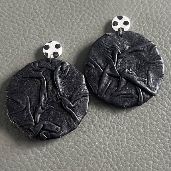 Handcrafted Black Textured Leather Earrings - Artistic Statement Jewellery 