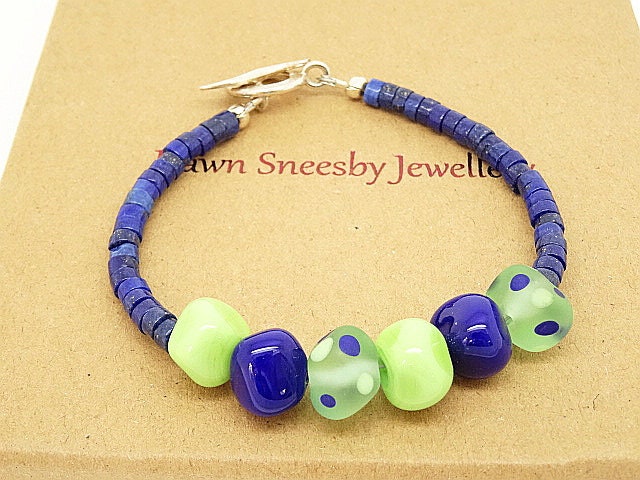 Lampwork Glass Bracelet, Lapis Lazuli Bracelet, emerald green  bracelet.