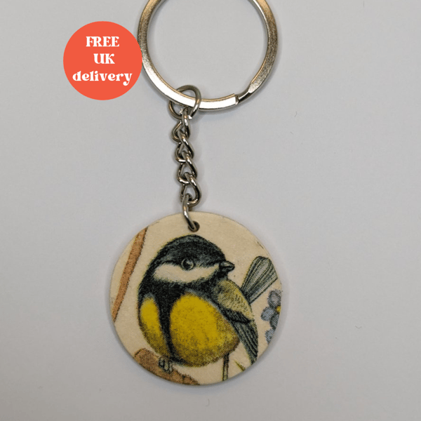 Great tit garden bird, wooden keyring, gift for a bird lover