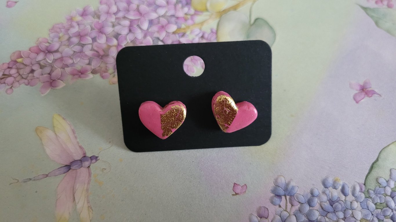 Handmade Polymer Clay Pink & Gold Heart Stud Earrings, 316 Stainless Steel