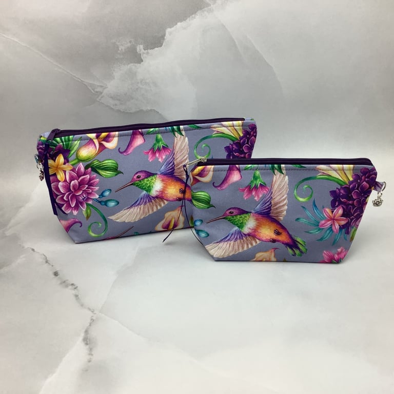 Hummingbirds zip bag, Birds makeup bag, 2 options, Handmade