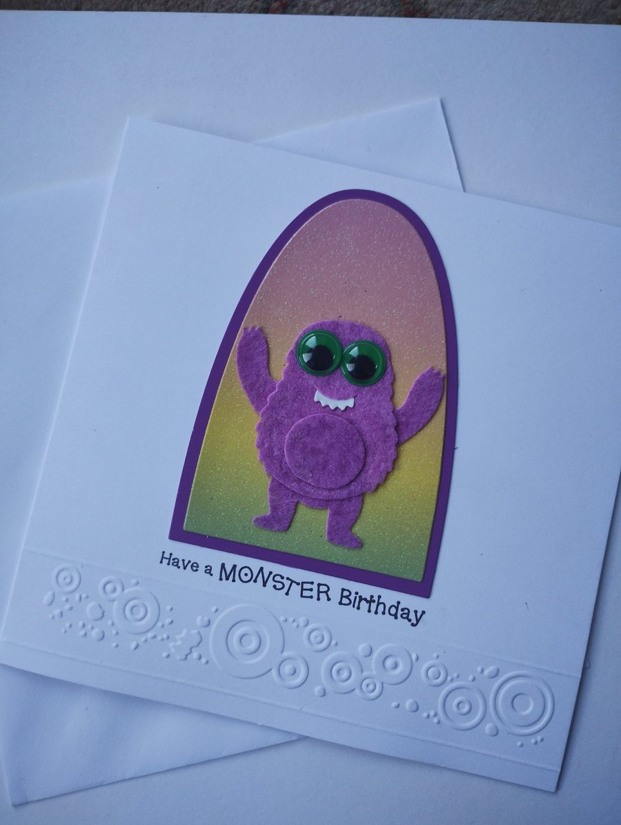 Have a MONSTER Birthday - Purple Felt Green Eyed Monster Birthday Card 