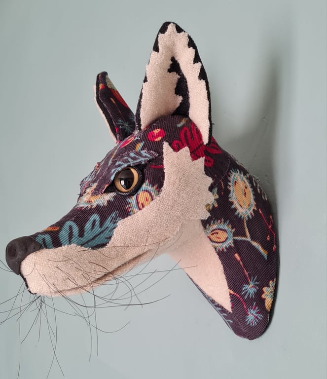 Faux fox wall mount in dark grey autumnal fabric- Frankie