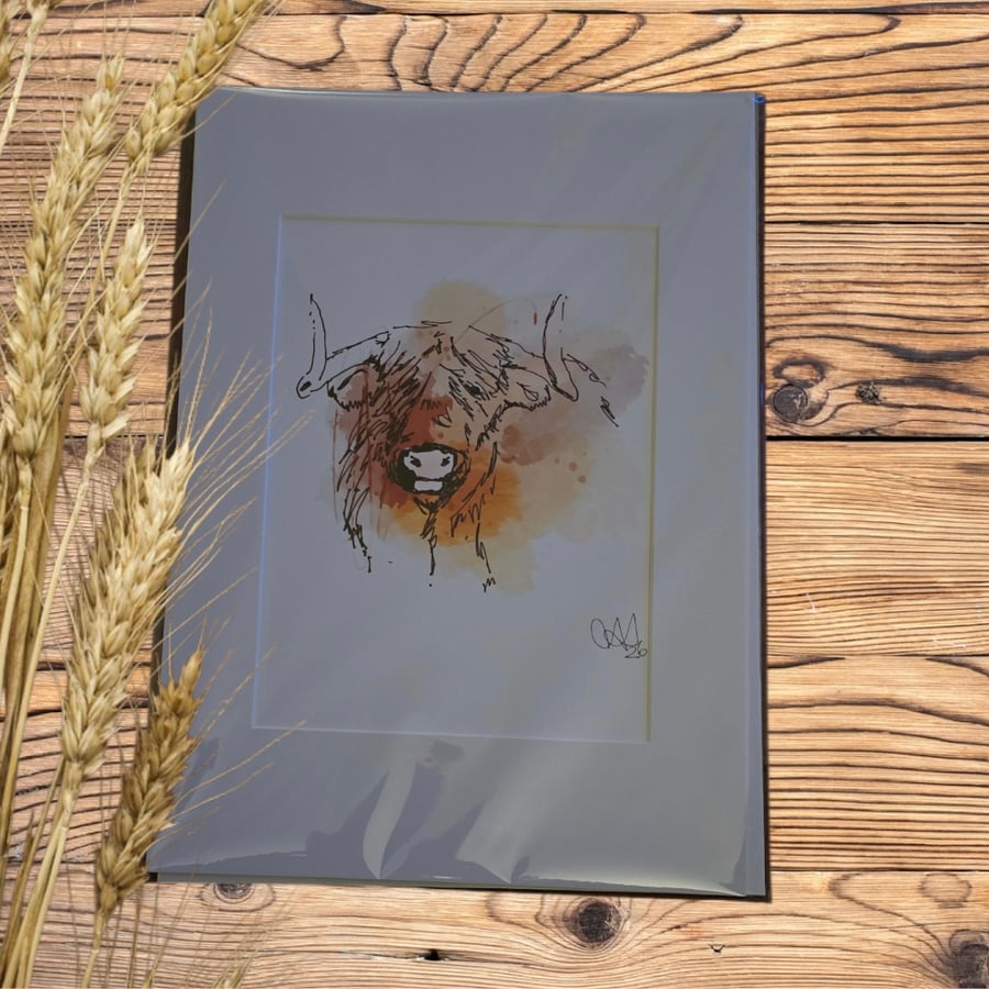 Farm animal Wall Art  Ink & Watercolour Animal Illustrations, Highland Cow 