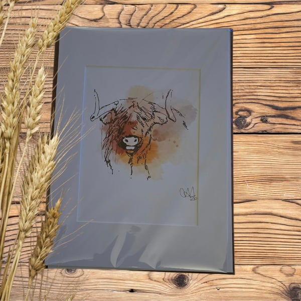 Farm animal Wall Art  Ink & Watercolour Animal Illustrations, Highland Cow 