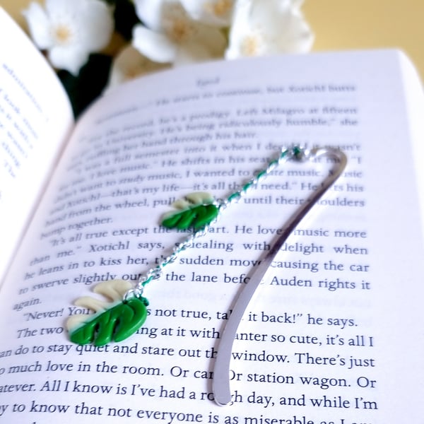 Jewellery bookmark with half moon monstera leaves for plant lovers book lovers