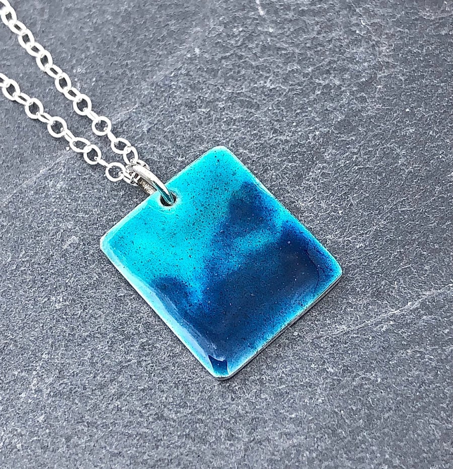 Enamel Pendant, turquoise enamel pendant, enamel, blue rectangle pendant, Capri 