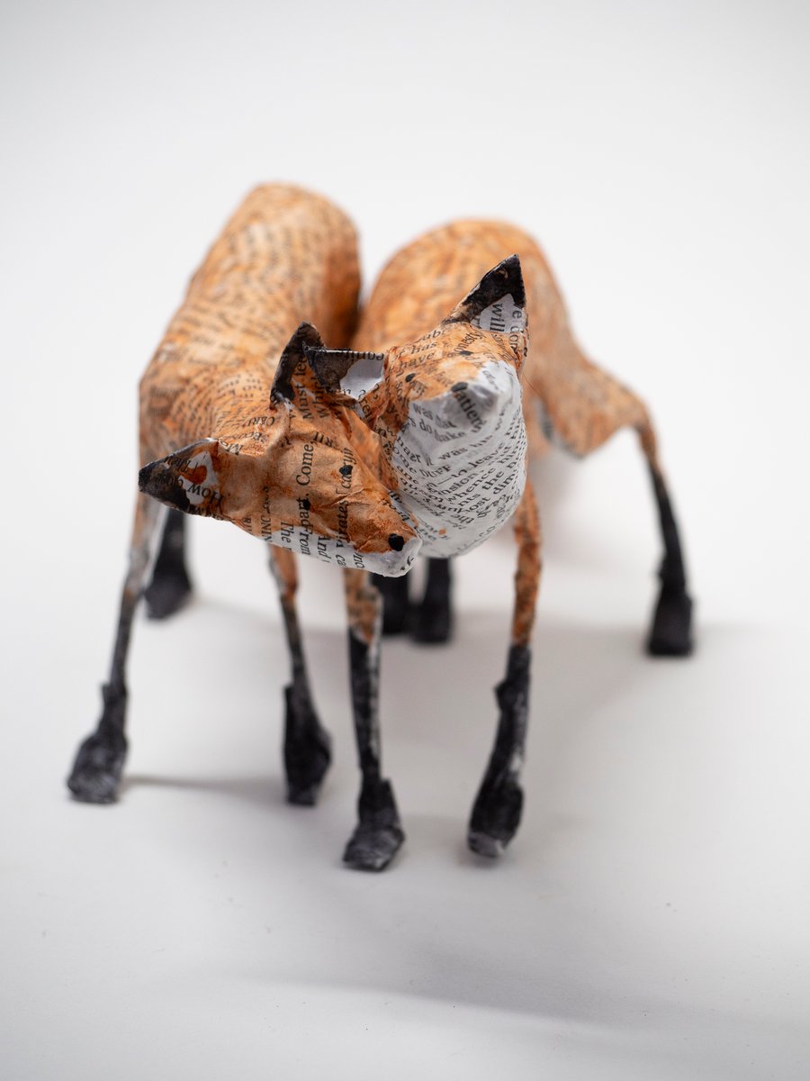Finn and Tam Pair of Standing Paper Mache Fox Sculpture