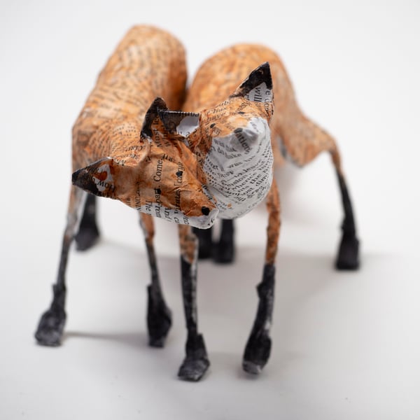 Finn and Tam Pair of Standing Paper Mache Fox Sculpture