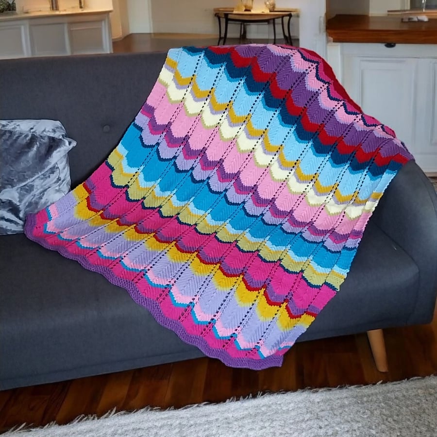 Vibrant Hand-Knitted Chevron Blanket, Cosy Sofa Throw, Colourful Home Decor Gift
