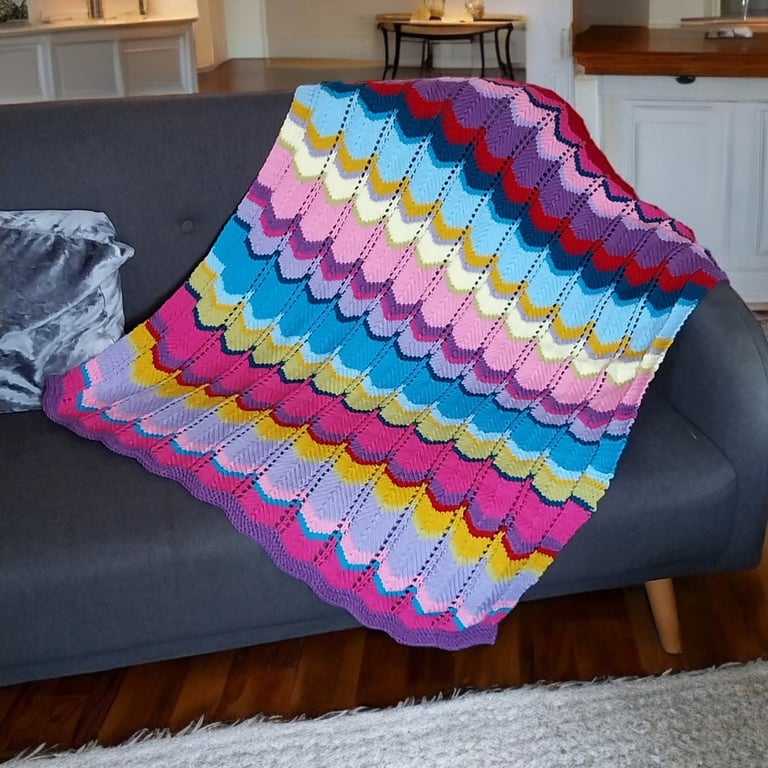 Vibrant Hand-Knitted Chevron Blanket, Cosy Sofa Throw, Colourful Home Decor Gift