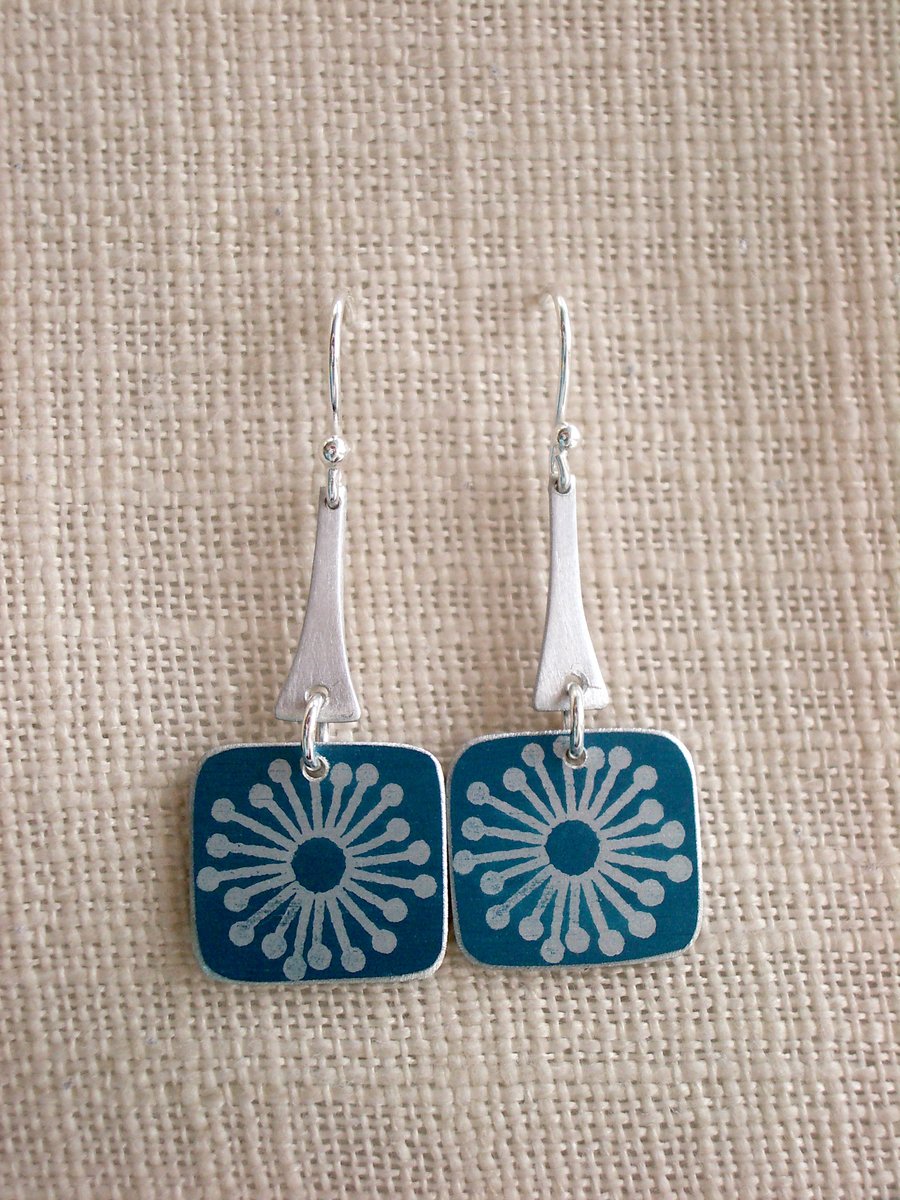 Teal square earrings with scandi starburst print 