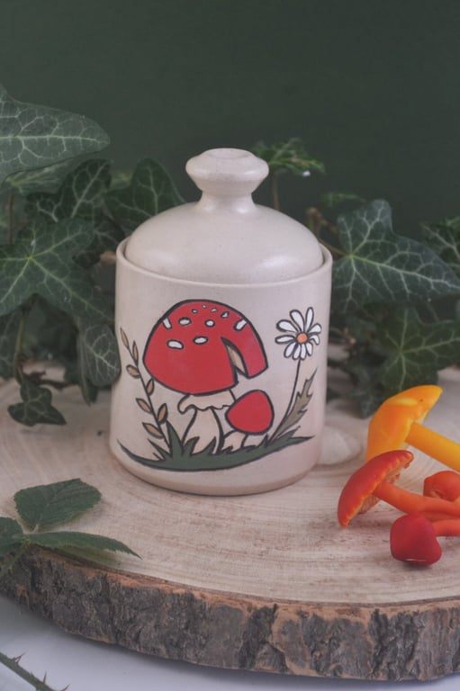 Ceramic lidded jar with mushroom decoration