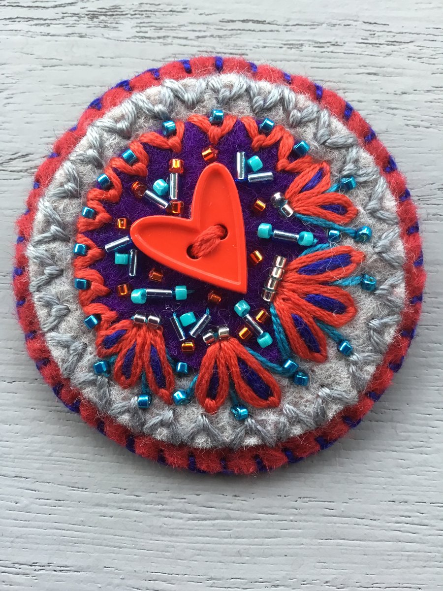 Hand Embroidered Heart Button Brooch