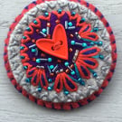 Hand Embroidered Heart Button Brooch