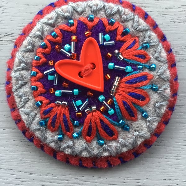 Hand Embroidered Heart Button Brooch