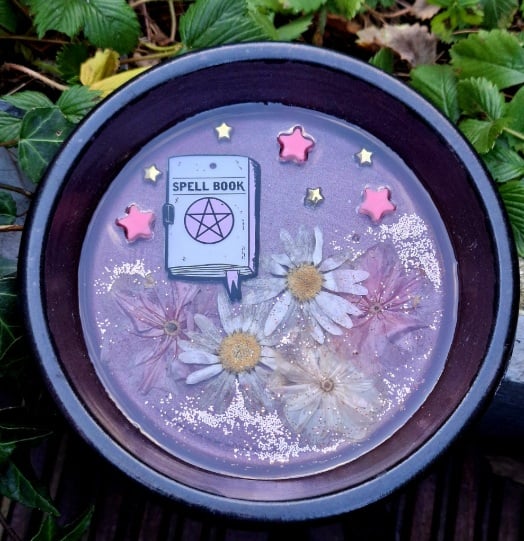 Spell Book Witch Witchy ceramic jewellery dish tray pentacle floral stars gothic