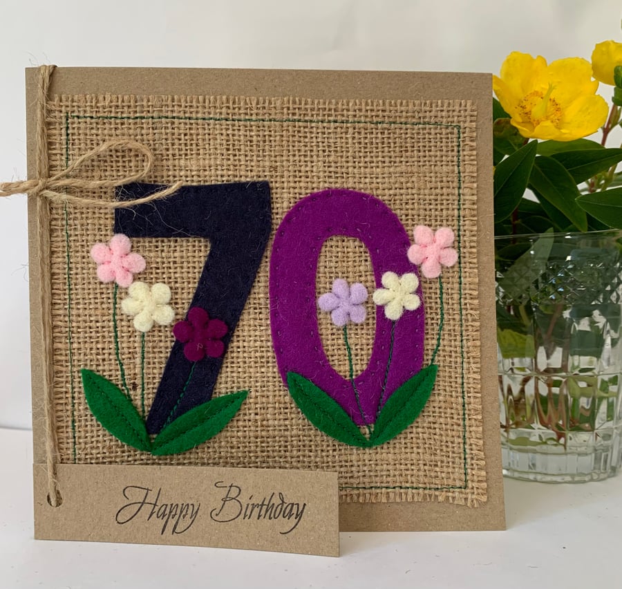 Handmade 70th Birthday Card. Keepsake Card. Textile card.