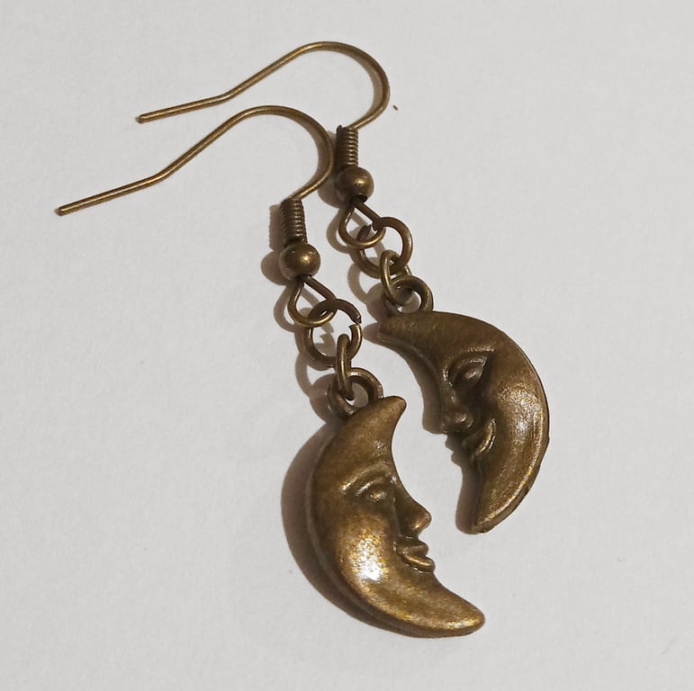 Bronze Happy Moon Face Drop Dangle Boho Celestial Earrings