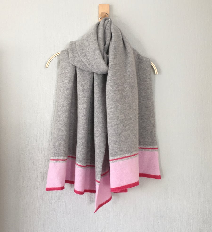 Shawl Scarf Wrap luxuriously soft merino lambswool pearl grey blush pink border