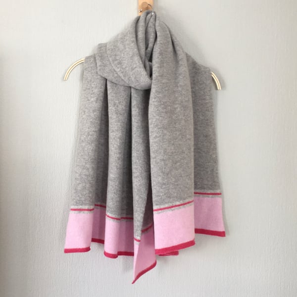 Shawl Scarf Wrap luxuriously soft merino lambswool pearl grey blush pink border