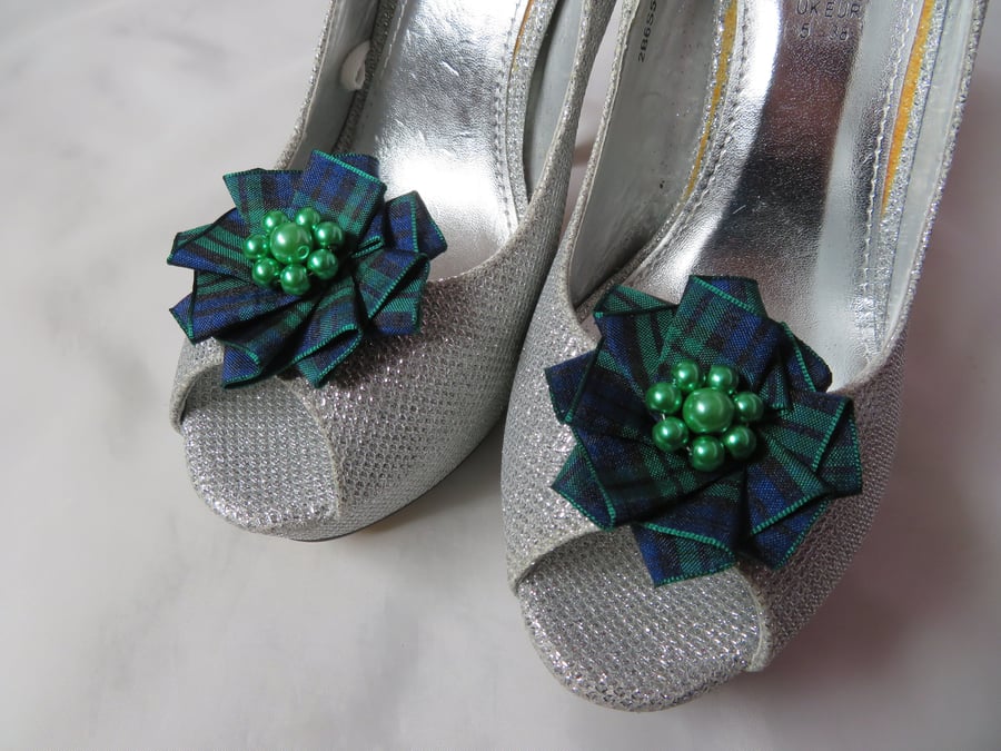 Black Watch Tartan and Emerald Green Pearl Shoe Clips Plaid Blackwatch Ruffles 