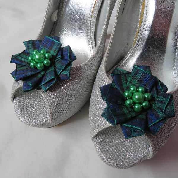 Black Watch Tartan and Emerald Green Pearl Shoe Clips Plaid Blackwatch Ruffles 