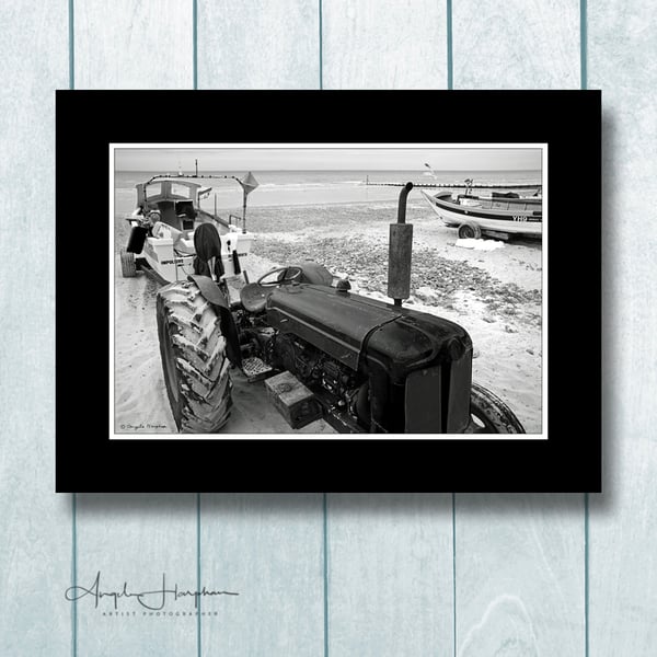 Cromer Norfolk Fine Art Photograph Tractor and Boat Monochrome Vintage Effect