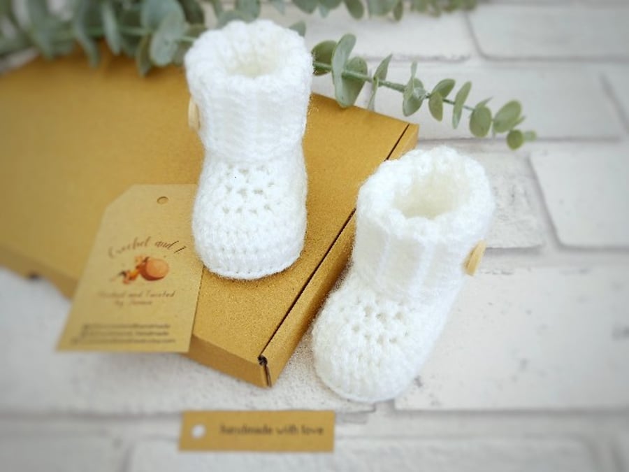 White Ribbed Cuff Crochet Baby Booties, Newborn Baby Shower Gift Idea