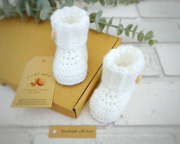 White Ribbed Cuff Crochet Baby Booties, Newborn Baby Shower Gift Idea